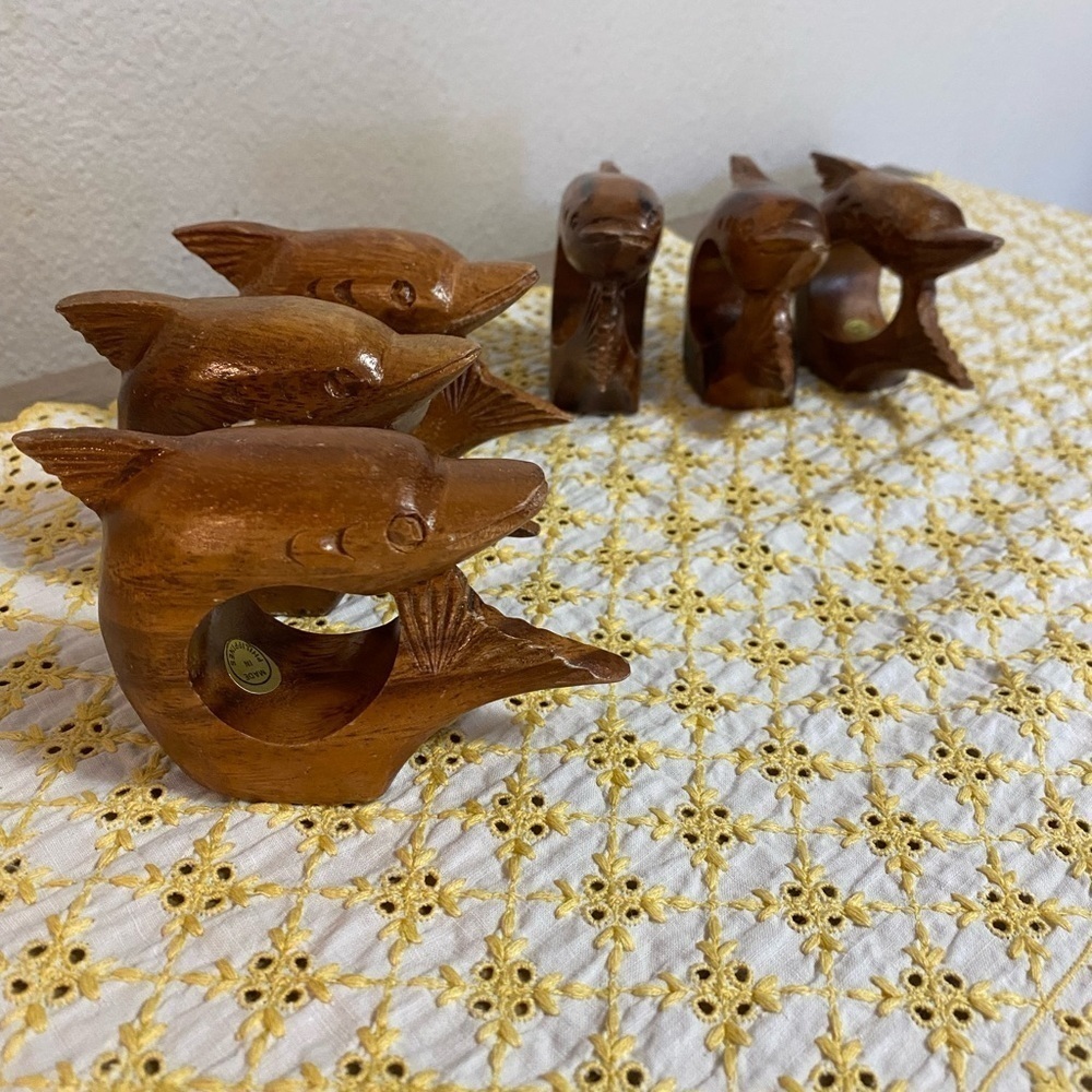 Vintage Carved Wood Dolphin Napkin Holder Set- Excellent Used Condition